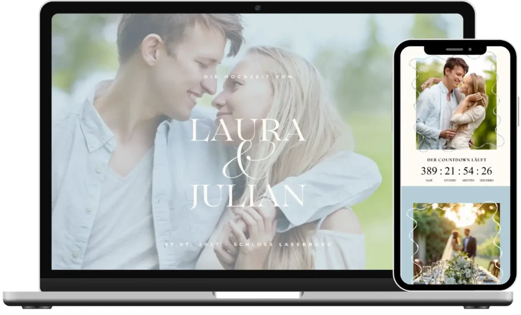 Hochzeitswebsite Mockup - Essential Love Design auf Laptop und Handy